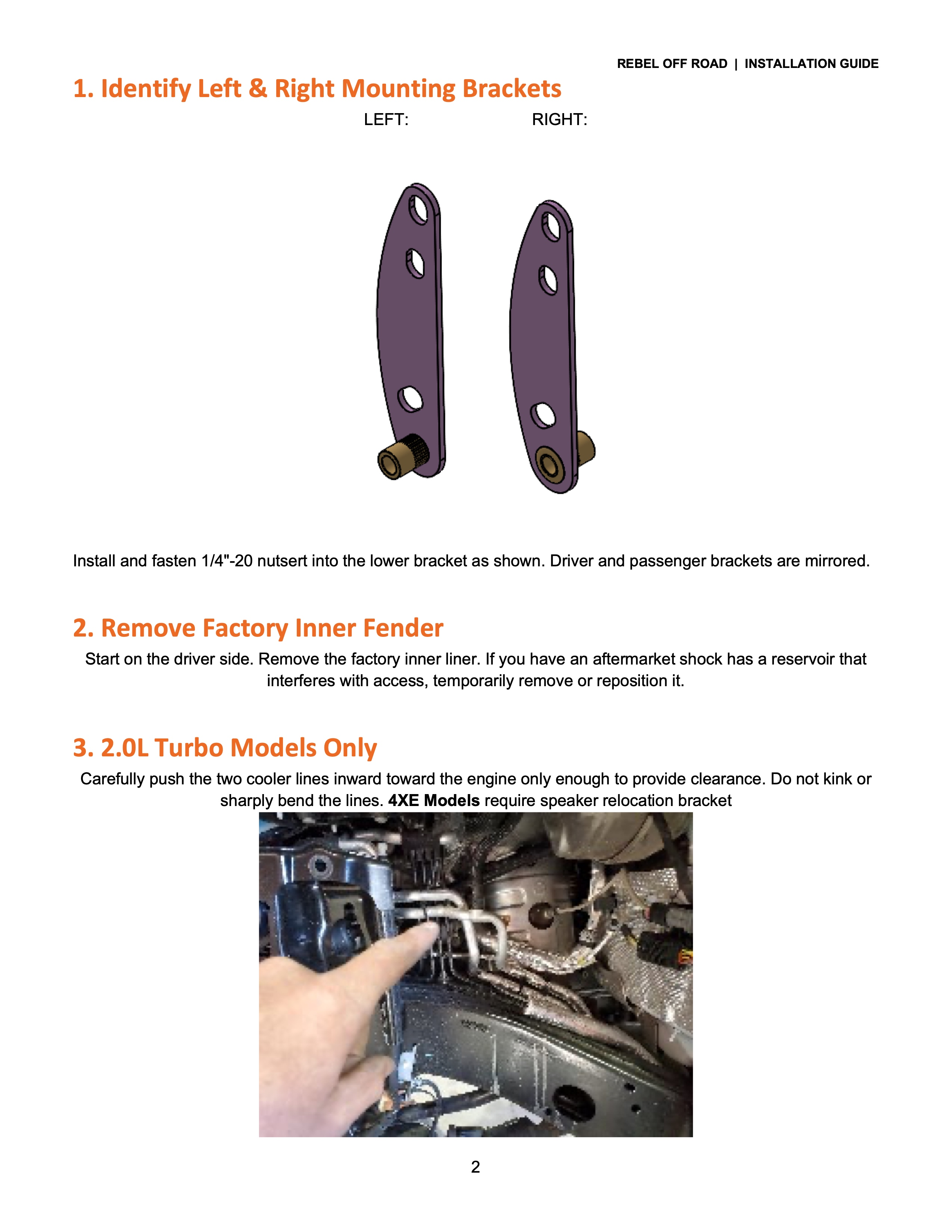 Instructions for identifying mounting brackets and removing inner fender.