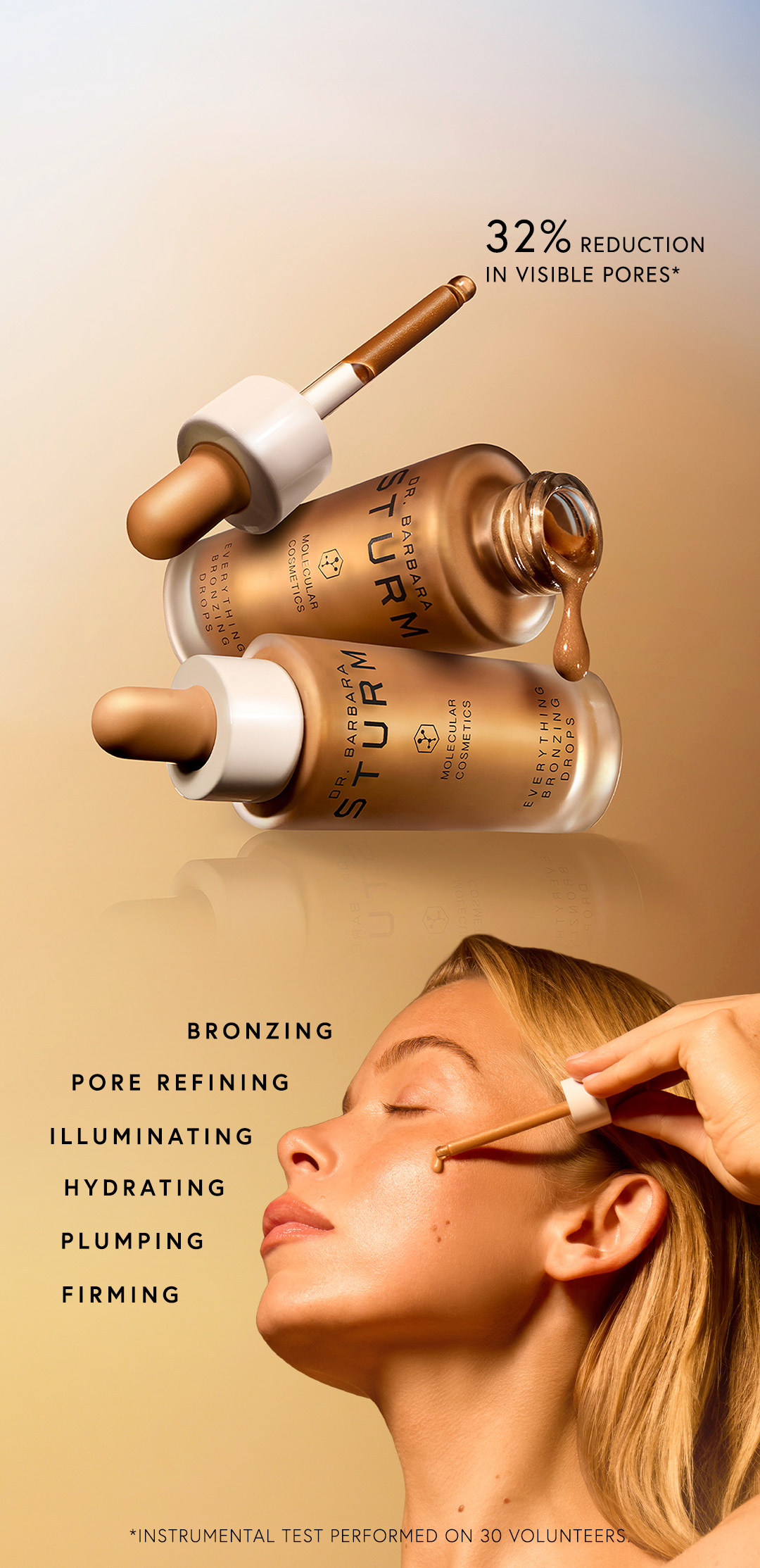 Two serum bottles with benefits listed and a woman applying product.