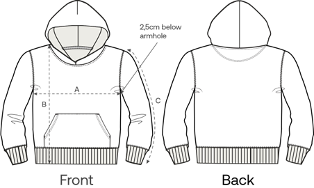 Schematic diagram of a hoodie showing front and back views with measurements.