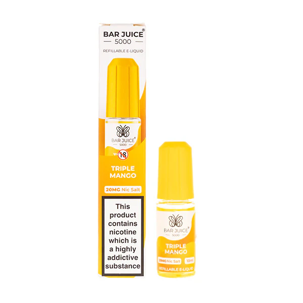 Yellow vape juice bottle with mango flavor and warning label.