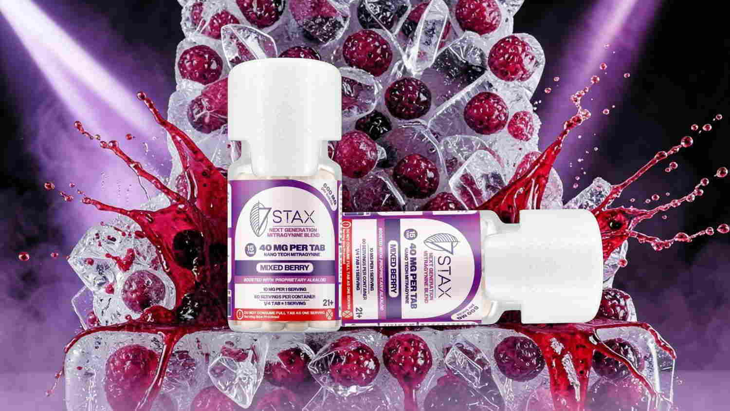 Two skincare products with berry splashes and ice cubes in a dramatic setting.