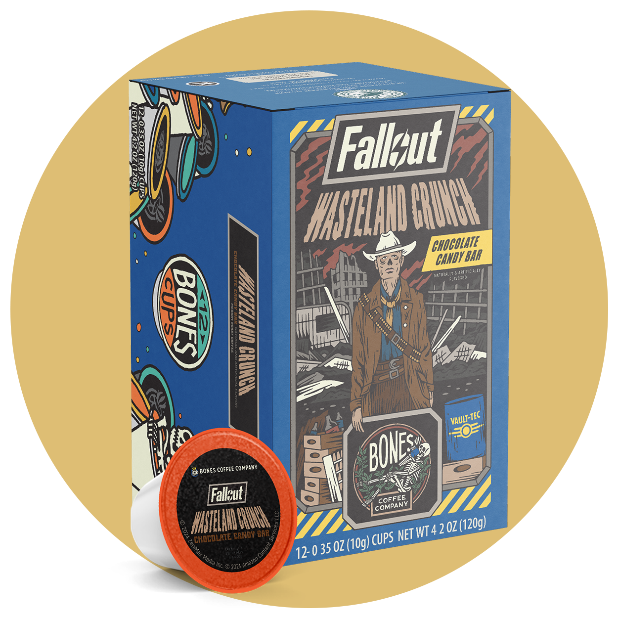 A box of Bones Cups flavored coffee inspired by Fallout named Wasteland Crunch. Its flavor is chocolate candy bar. On the art is The Ghoul from the Fallout show, and there is a stylized head of The Ghoul near it alongside a chocolate candy bar. A light brown circle is behind it.