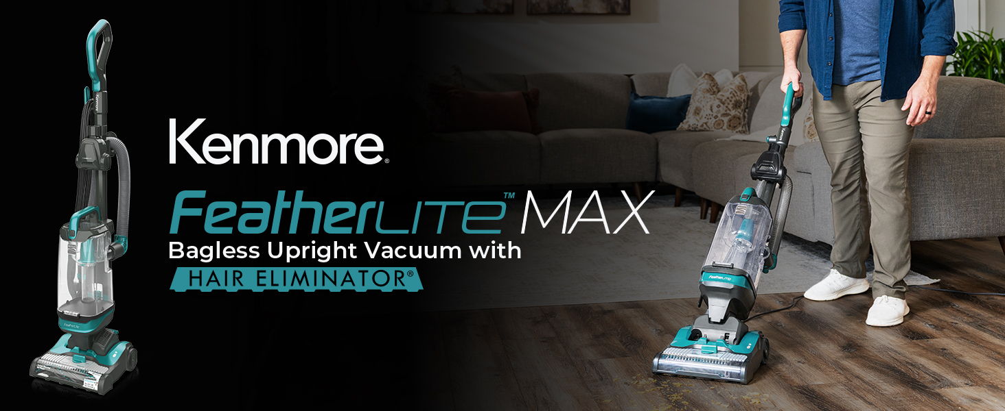 Kenmore Featherlite MAX bagless upright vacuum cleaner with user standing nearby.