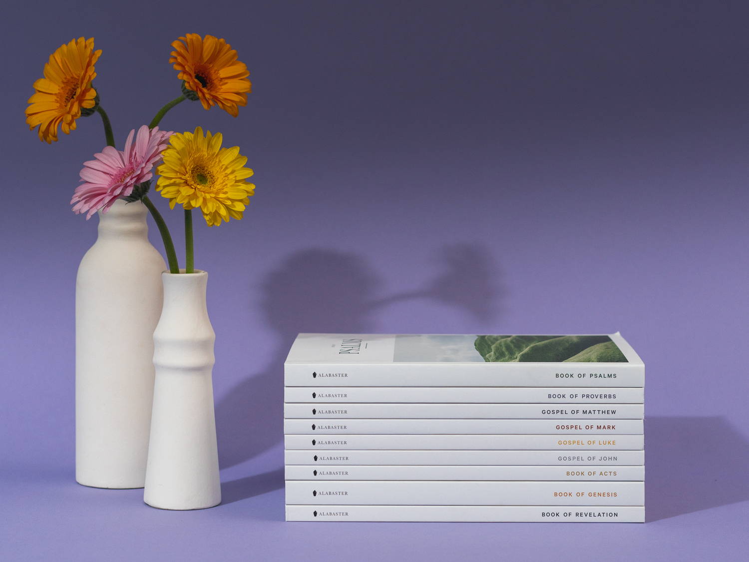 Alabaster Bible books stacked with flowers and purple background