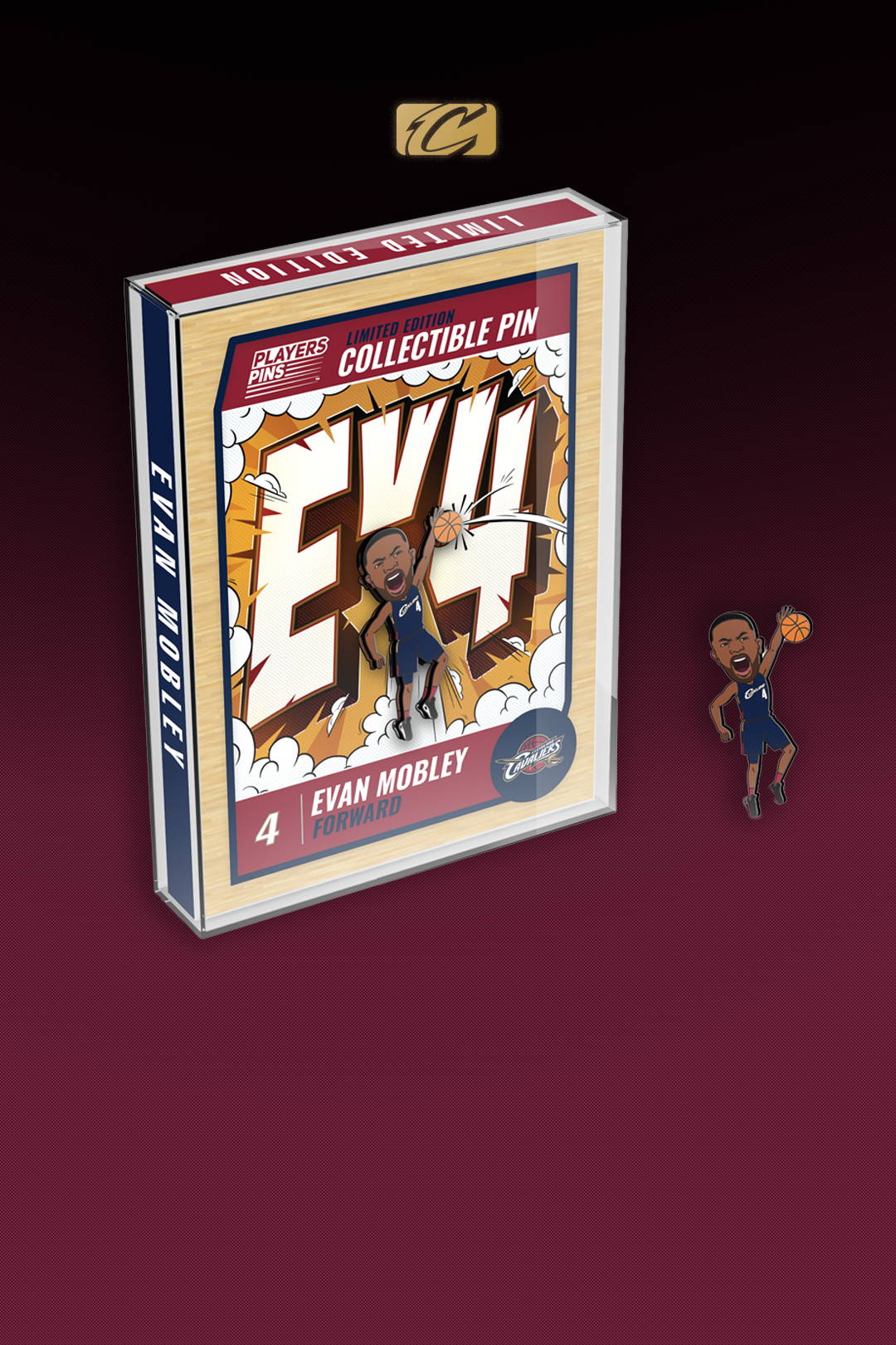 Collectible pin featuring a character named Evan Mobley.