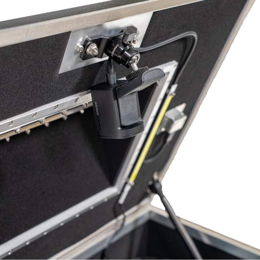 Anker PowerConf C200 2K webcam mounted inside the BlockBox Lab XL lid