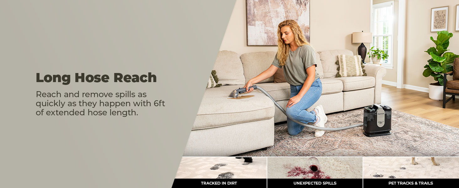 A woman cleans a couch with a long reach hose