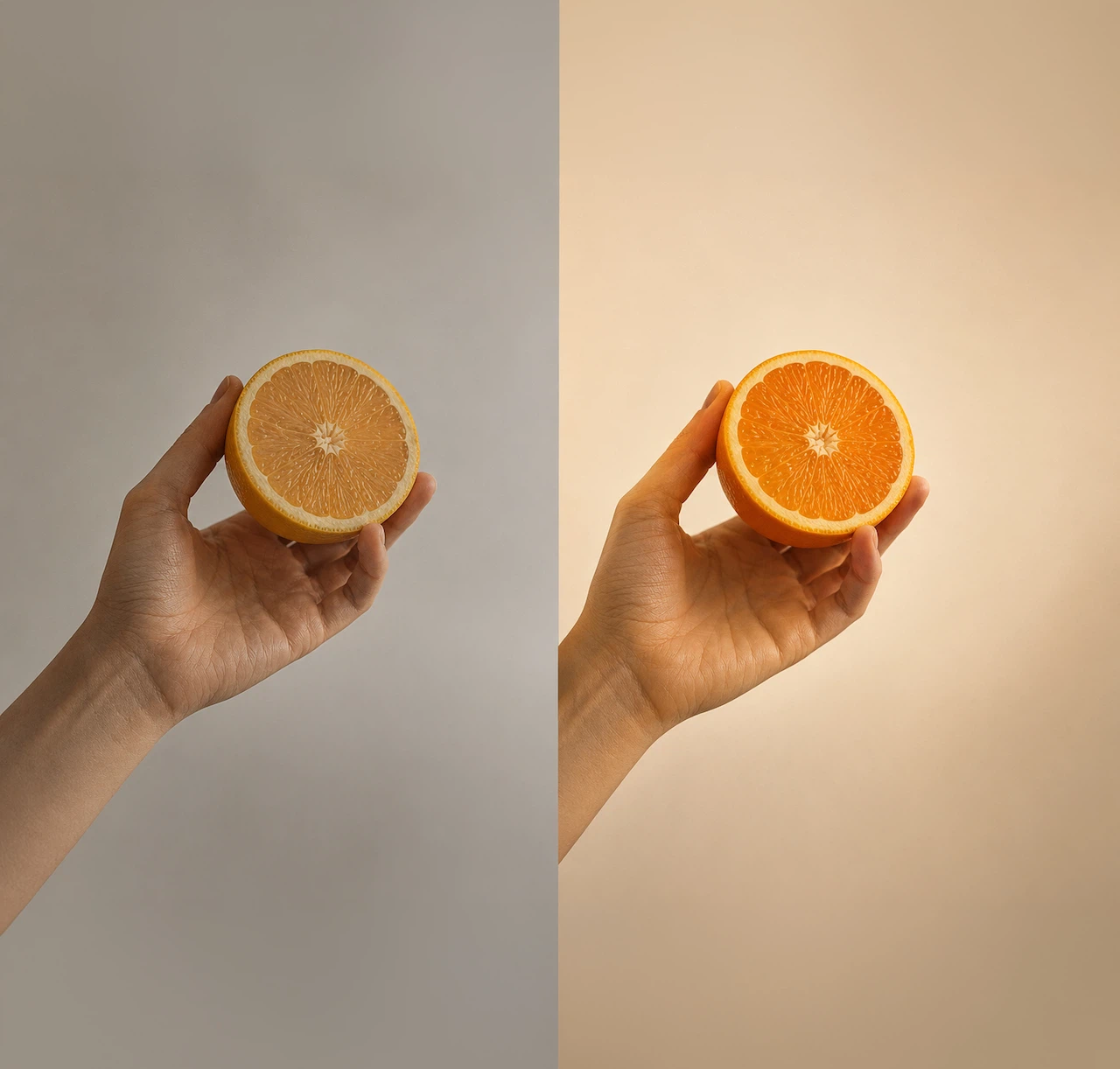 A vertically split A/B comparison of the color rendering (CRI value) of a lamp on a halved orange. The left side shows pale, desaturated colors with a low CRI, while the right side shows vibrant, natural, and saturated colors with a high CRI, illustrating the lamp's superior color rendering.