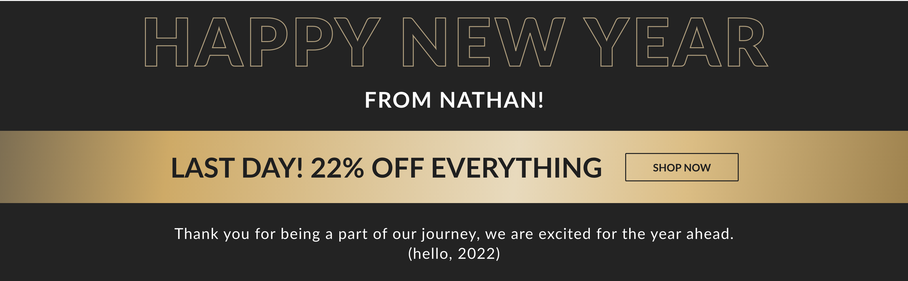 Happy New Year from Nathan! Last Day! 22% Off Everything. Shop Now. Thank you for being a part of our journey, we are excited for the year ahead. (Hello, 2022!)