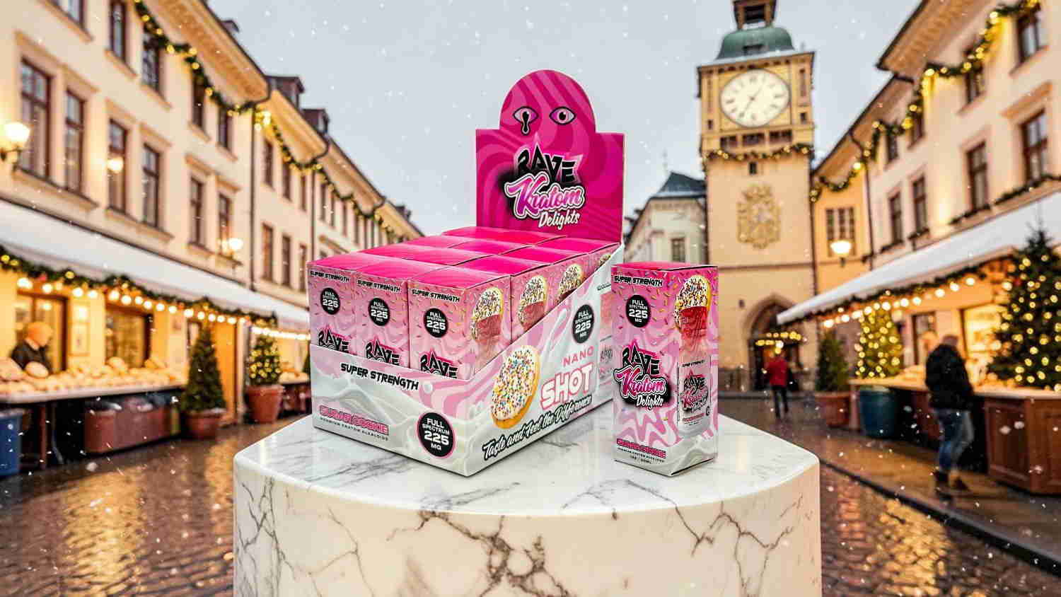 Display of pink product boxes in a festive outdoor market setting.