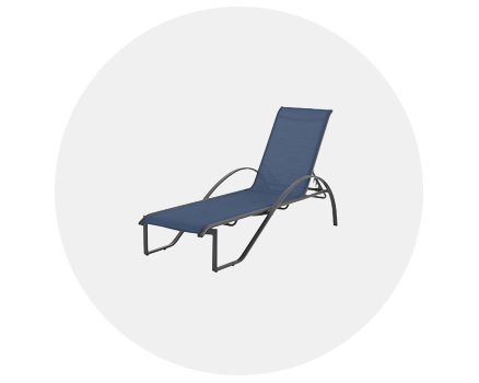 Navy blue lounge chair with a metal frame.