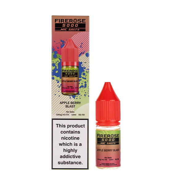 Elux Firerose5000 Apple Berry Blast vape juice bottle with warning label and colorful packaging.