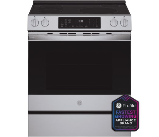 Stainless steel oven with digital controls and a black glass front.