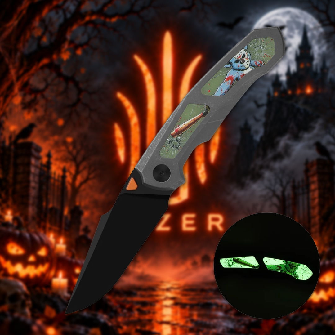 A knife with a decorative handle against a Halloween-themed background.