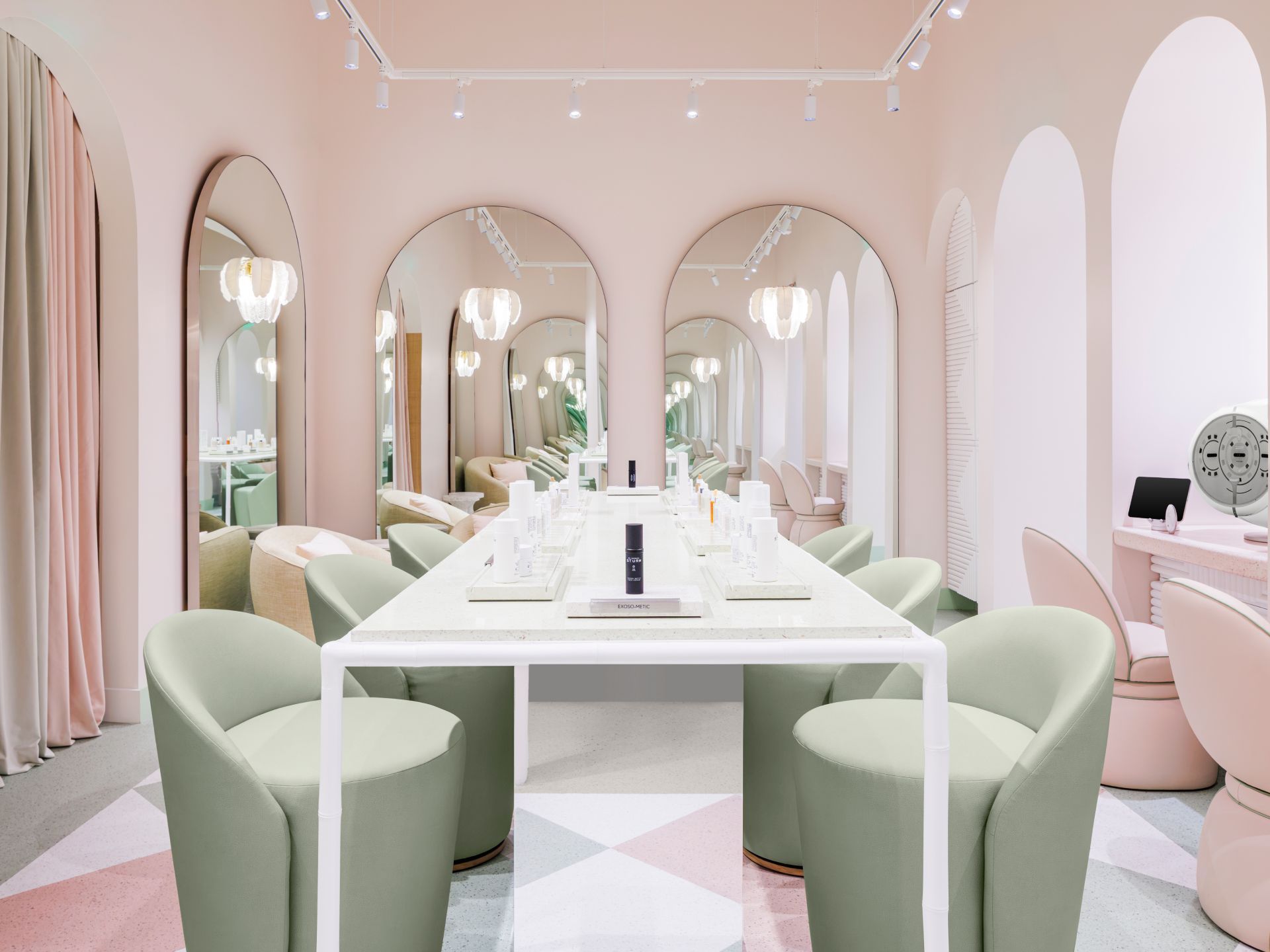 Modern dining area with pastel colors and stylish furniture.