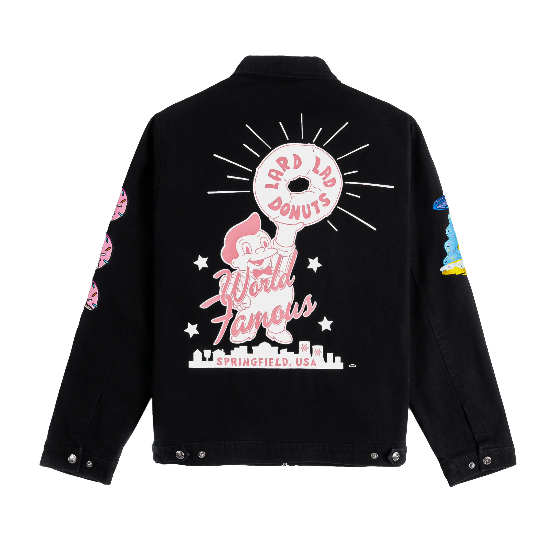 Black jacket with colorful cartoon character patches and text.