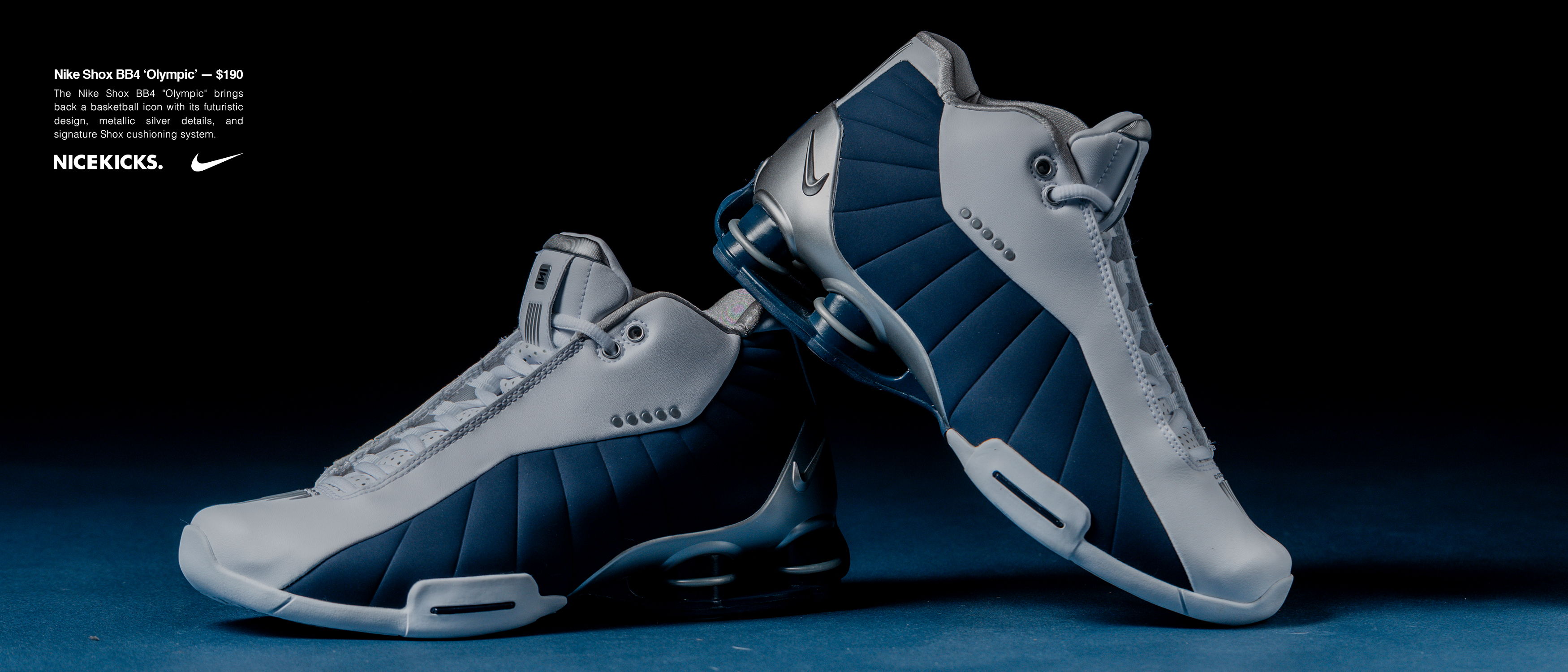 A pair of stylish Nike sneakers on a dark background.