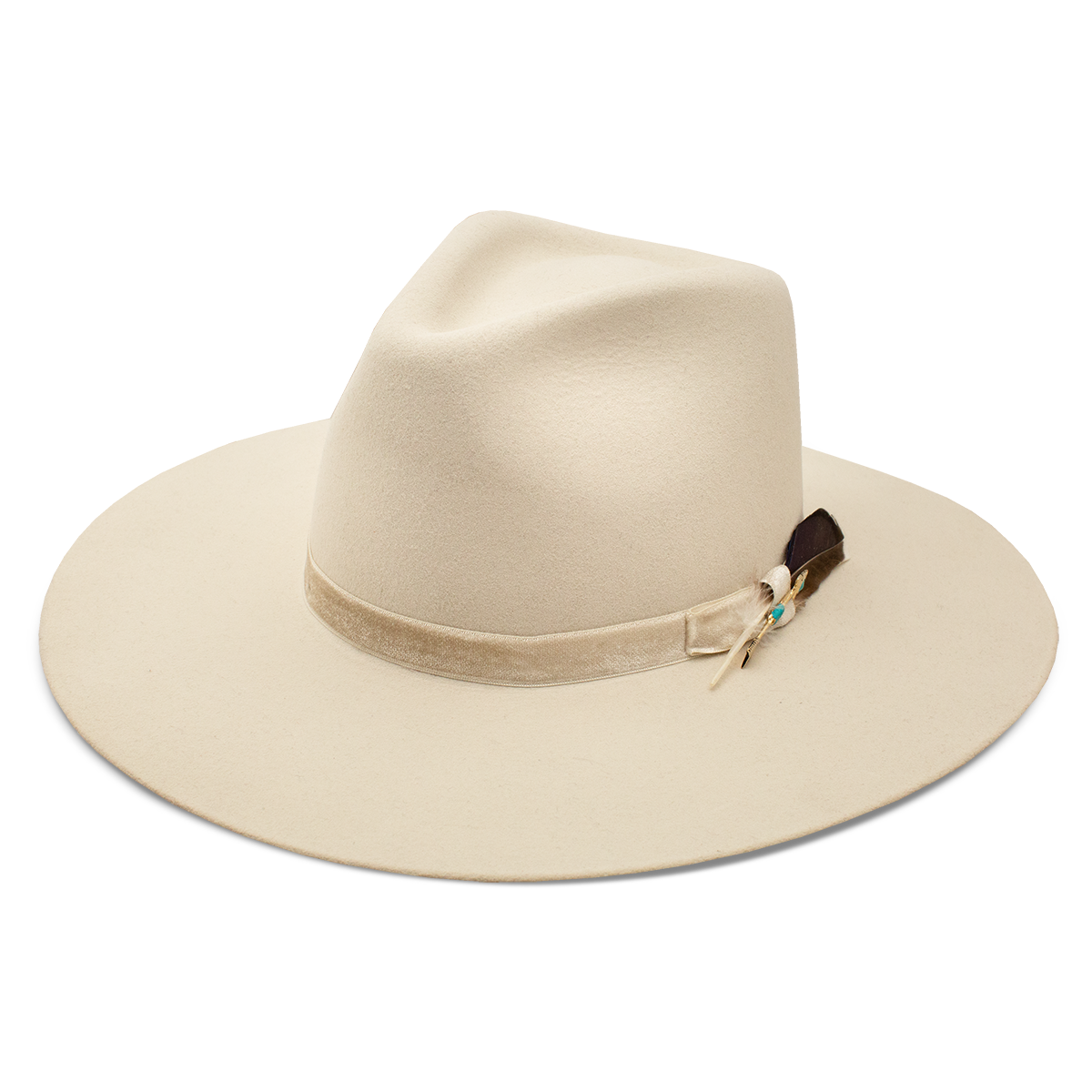 A beige wide-brimmed hat with a decorative feather and band.