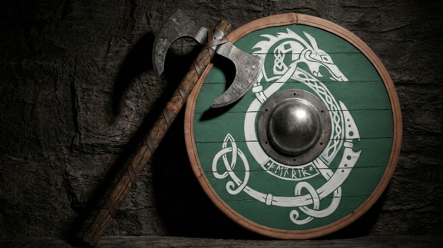 A Viking shield and axe resting against a stone wall.
