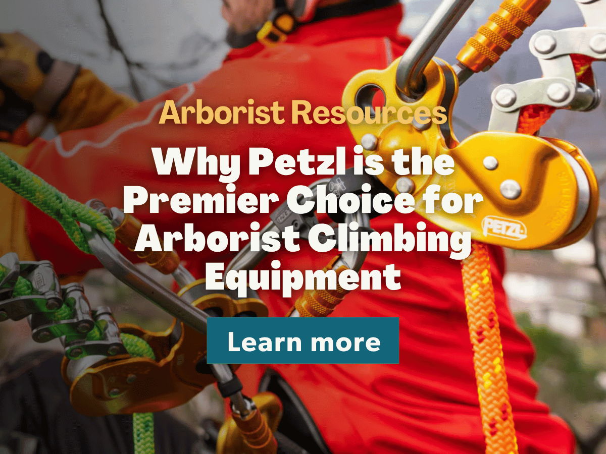 Person using climbing equipment with text promoting Petzl for arborist gear.