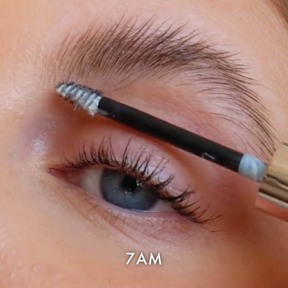 7am: Chloe gets GLAMMED up for the day with a SLICK of Liquid Brow Silk Max Hold