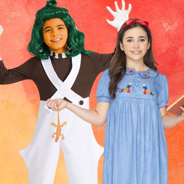 A red background with two Roald Dahl characters. Little Miss Bookworm and the Factory Worker Costumes. Click to shop all Roald Dahl Book Week Costumes.