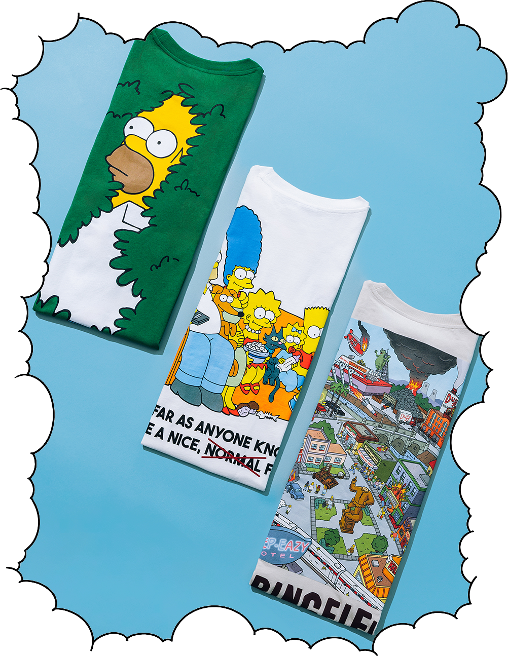 Three colorful t-shirts featuring characters from 