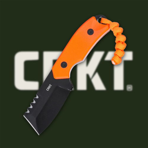 Orange-handled folding knife with a black blade and lanyard.