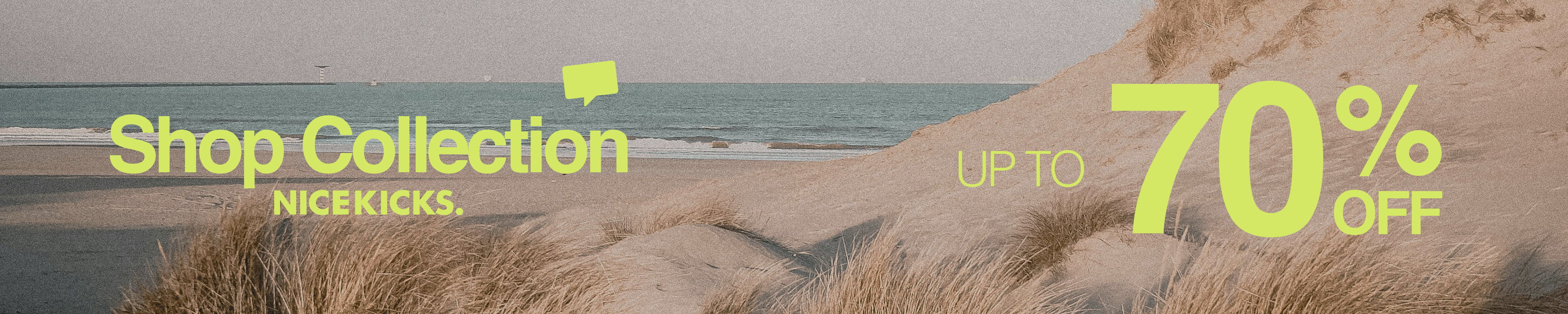 Shop Collection, up to 70% off, beach background.