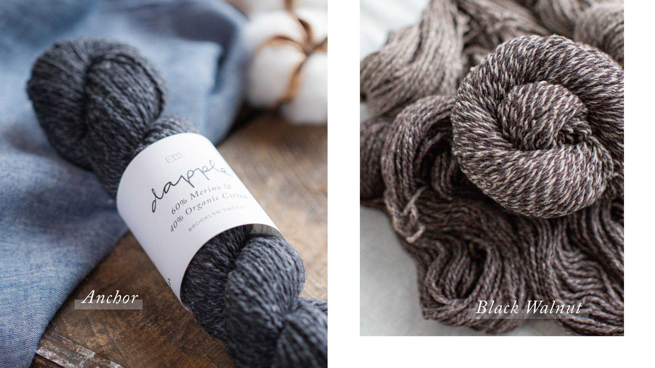 Right: one marled skein swirl of Dapple Black Walnut sits on a pile of loose yarn. Left: Single skein of Dapple Anchor with ball band/label sitting on a wooden box with blue linen fabric and a cotton flower.