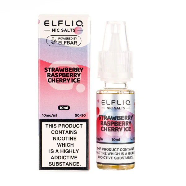A picture of Strawberry Raspberry Cherry Ice Nic Salt E-Liquid by Elf Bar ELFLIQ 