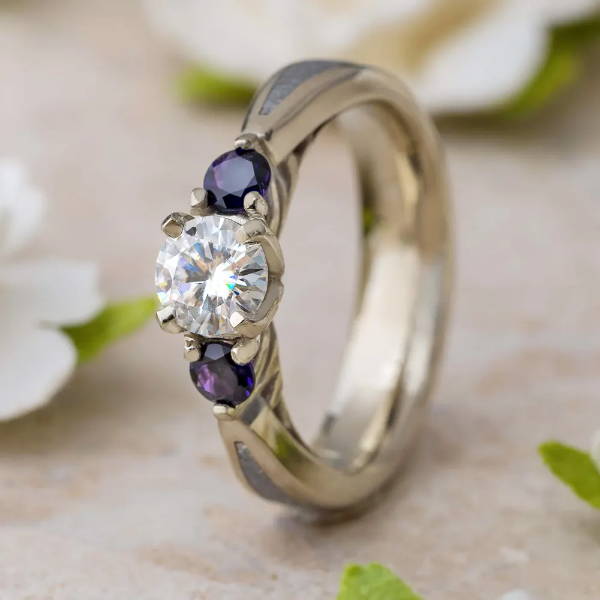 Three Stone Engagement Ring With Meteorite