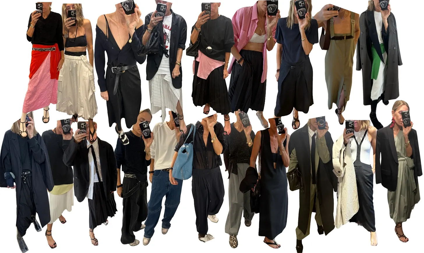 Collage of diverse fashion outfits worn by various models.