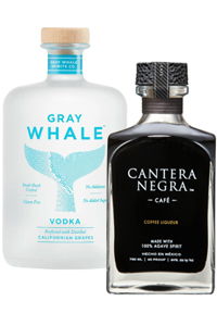 Two bottles of liquor: Gray Whale Vodka and Cantera Negra Café liqueur.