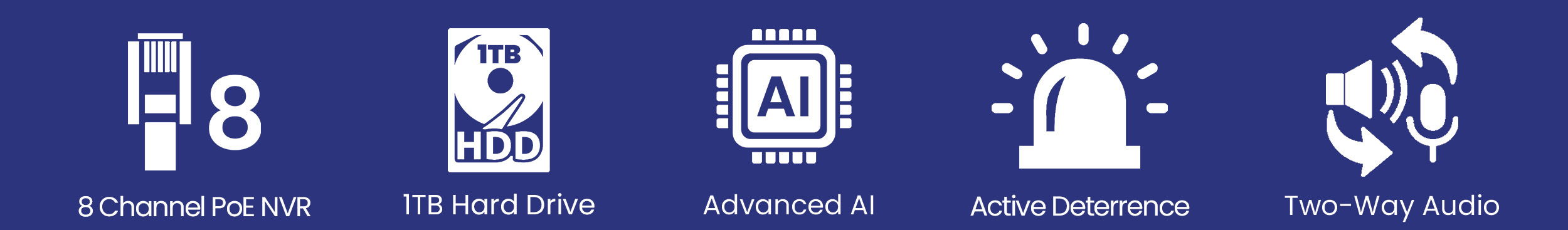 Icons representing various services or features on a blue background.