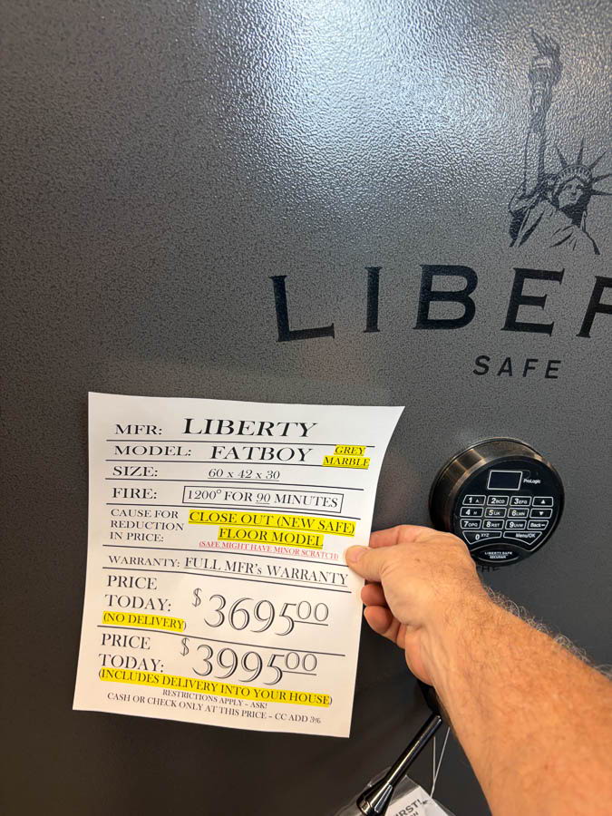 LIBERTY FATBOY gun safe exterior with sale price tag on door - SES spring cleaning sale