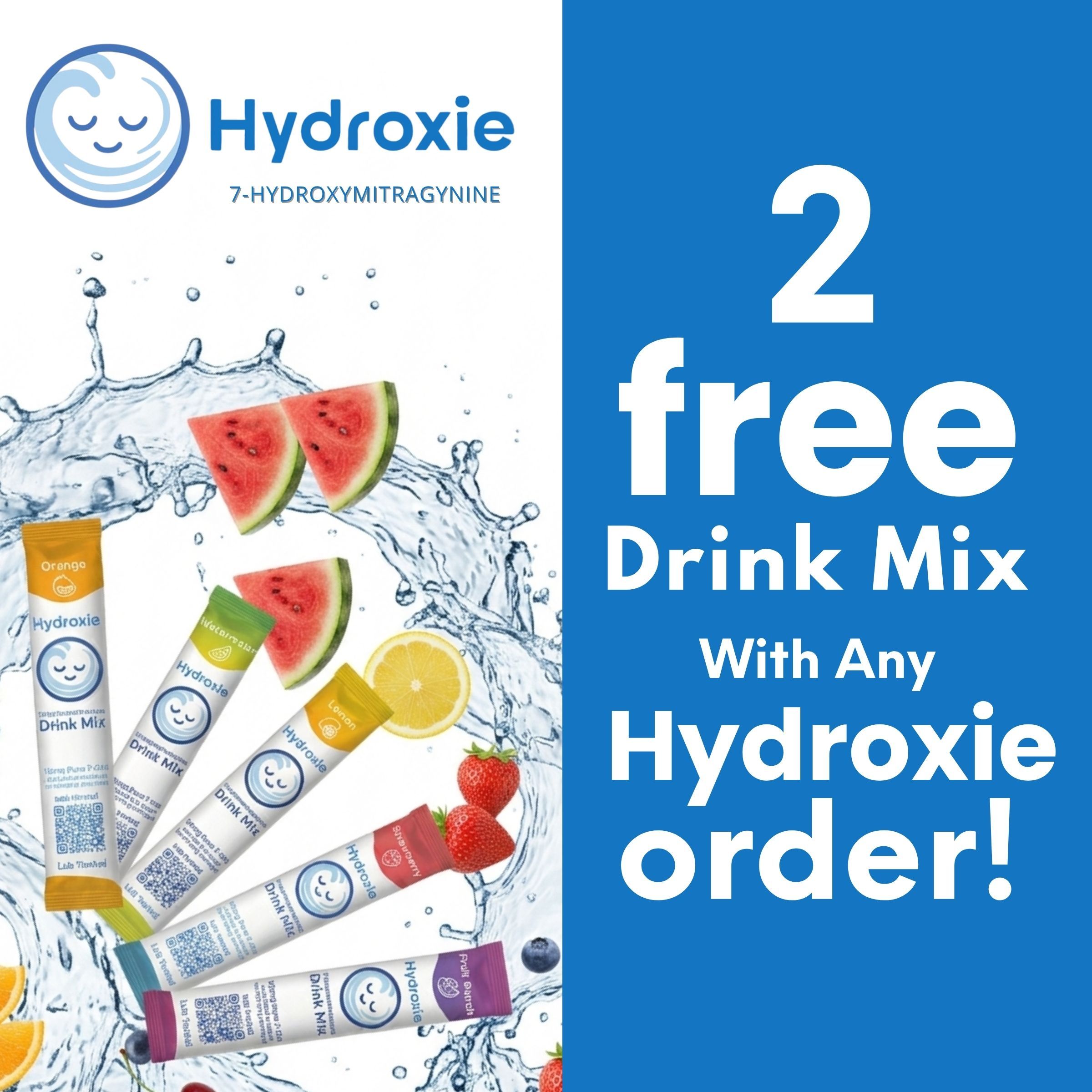 Promotional image for Hydroxie offering 2 free drink mixes with purchase.