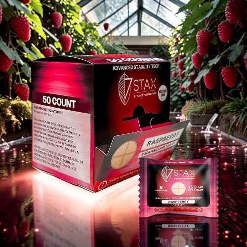 Box of 7 Stax supplements with a strawberry background.