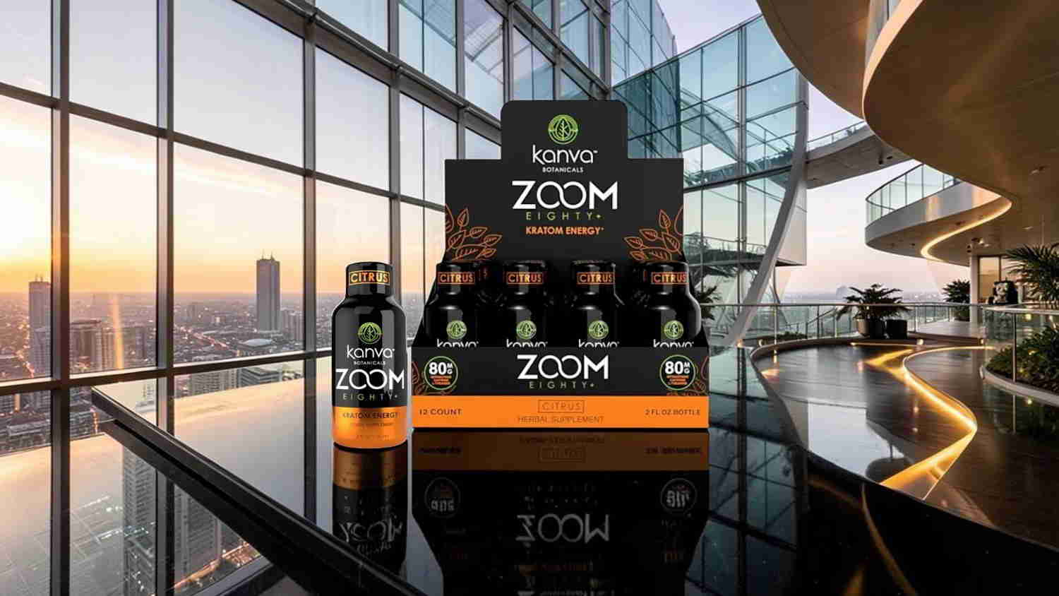 Display of ZOOM beverages in a modern, stylish setting with sunset view.