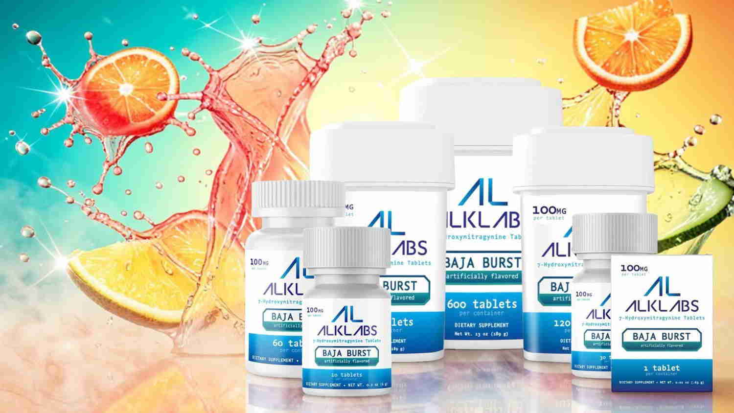 Bottles and containers of supplements against a colorful background with fruit splashes.