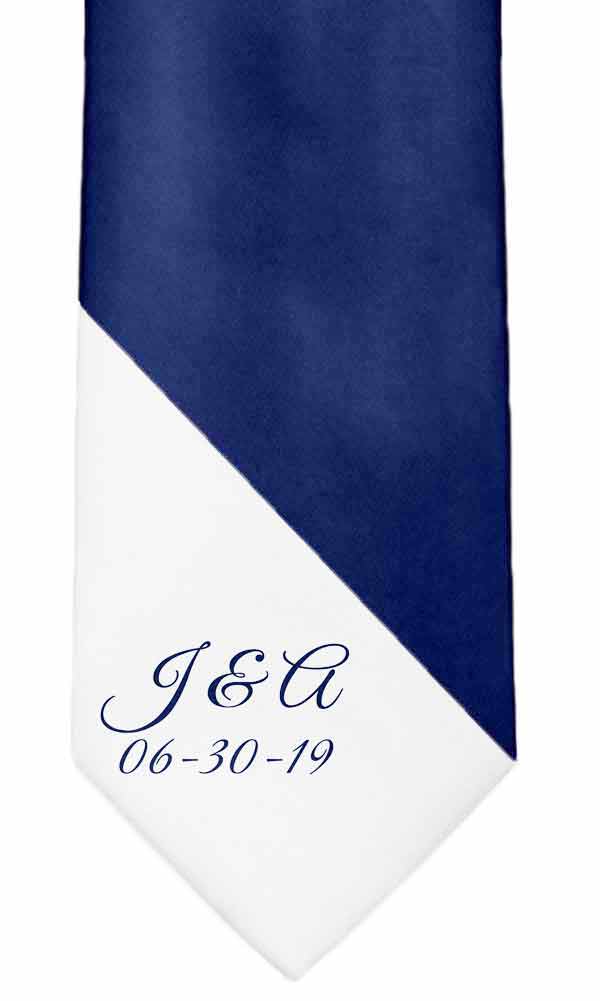 Custom necktie in two colors with couple's initials and wedding date