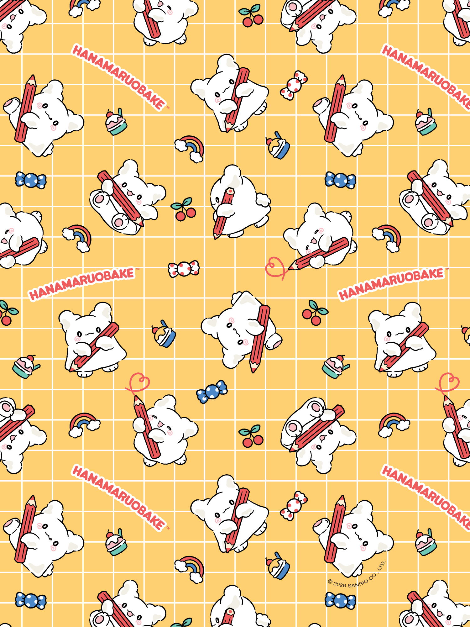 Pattern of Hanamaruobake with various items on a yellow background with grid lines.