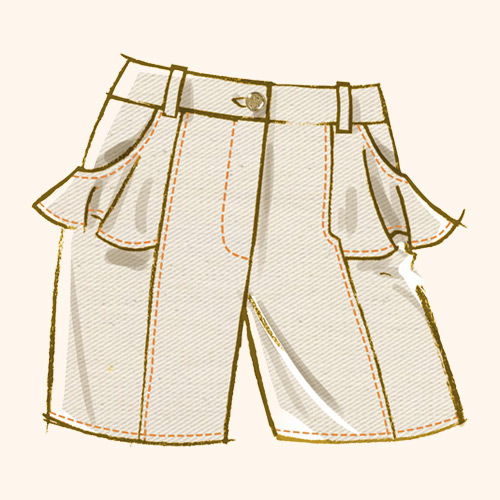 Illustration of beige shorts with pockets and decorative stitching.
