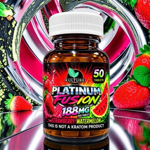 Bottle of Platinum Fusion supplement with watermelon flavor and vibrant background.