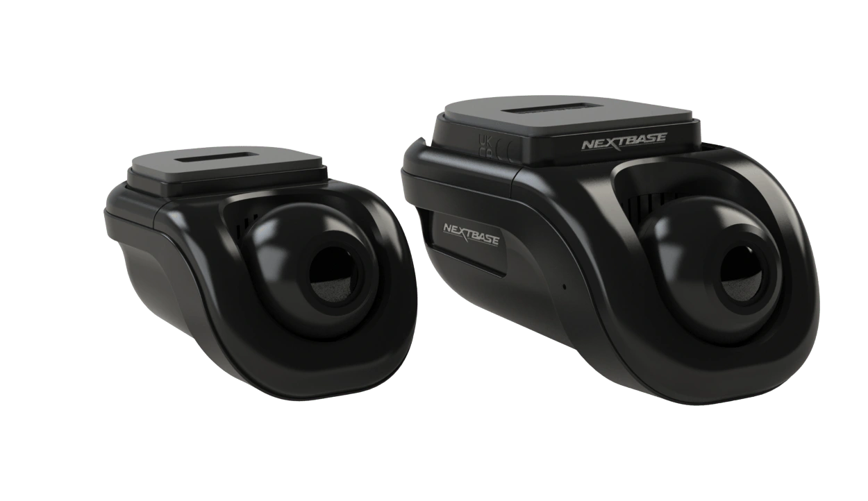 Two black dash cameras, one larger and one smaller, side by side.