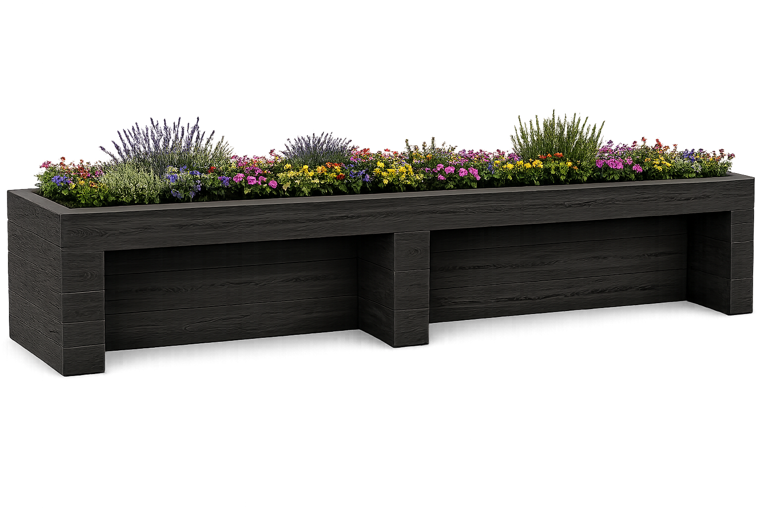 A large custom fiberglass planter box for senior facilities filled with colorful flowers and greenery.