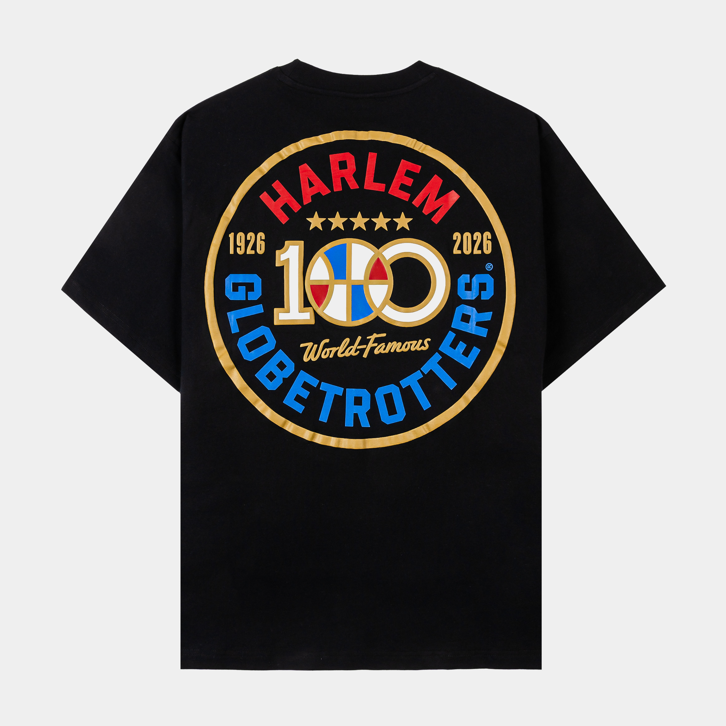 Black t-shirt featuring embroidered designs on the front.