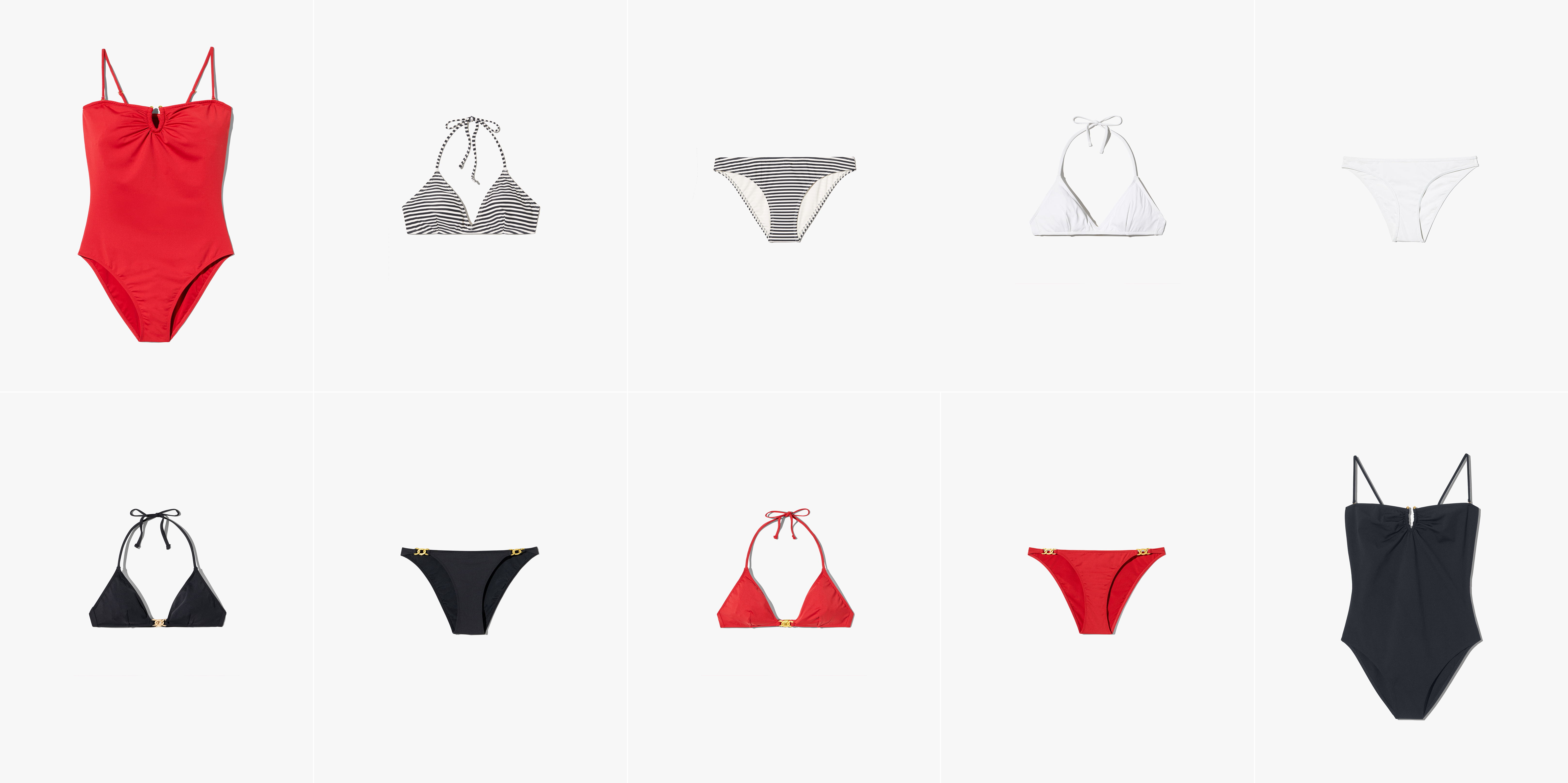 Swimwear collection featuring one-pieces and bikinis in various colors.