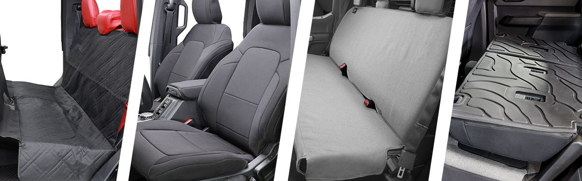 Photo collage of seat covers in various off-road vehicles.