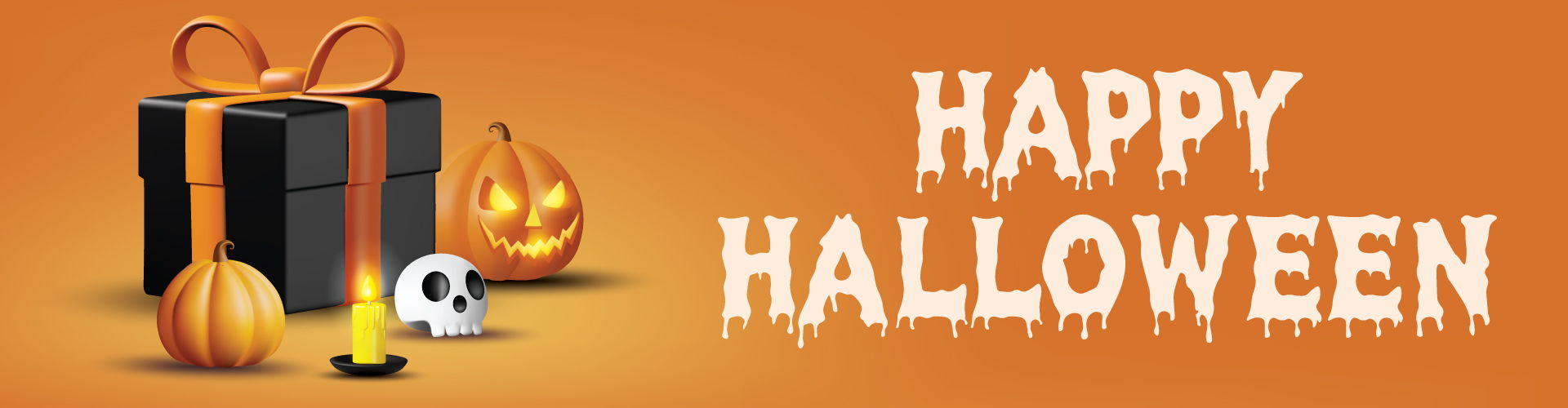 Happy Halloween with gifts, pumpkins, and a skull on an orange background.